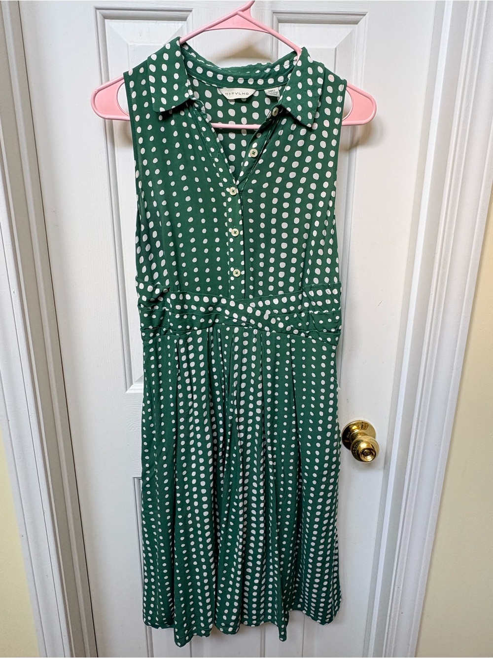 Anthropologie Green Polka Dot Sleeveless Shirt Dress
